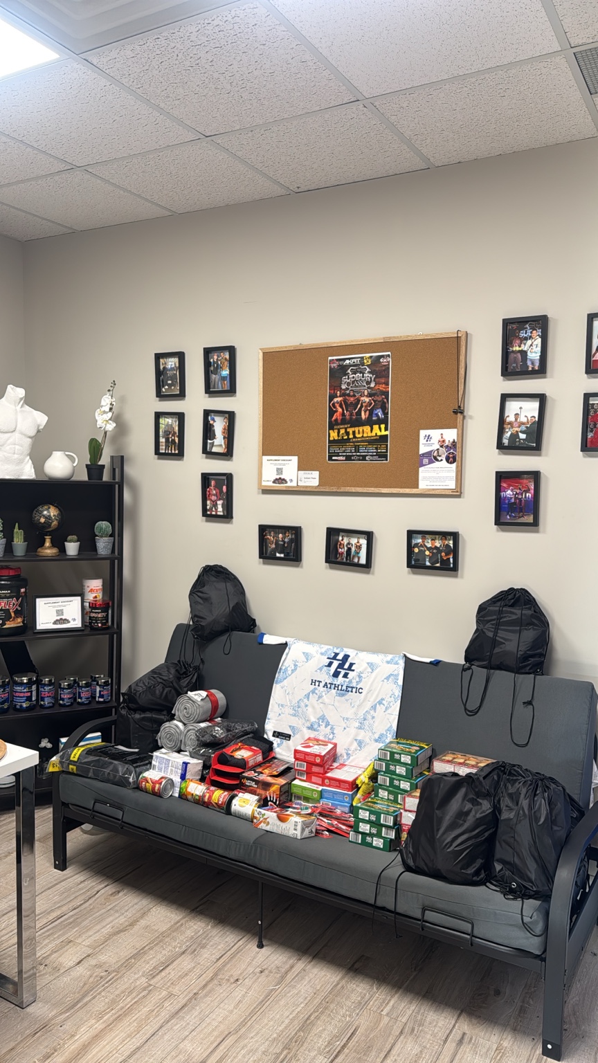 Donated supplies arranged inside a community space